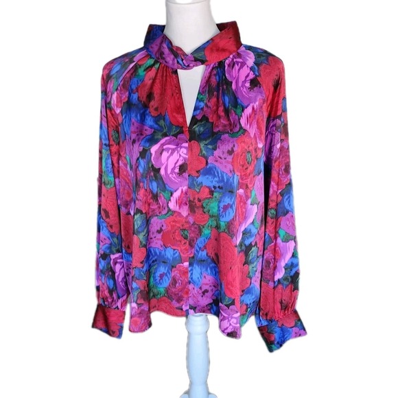 Talbots Tops - Talbots Twist Neck Satin Charmeuse Blouse‎ Top XL Wrapped Jewel Tone Floral Chic